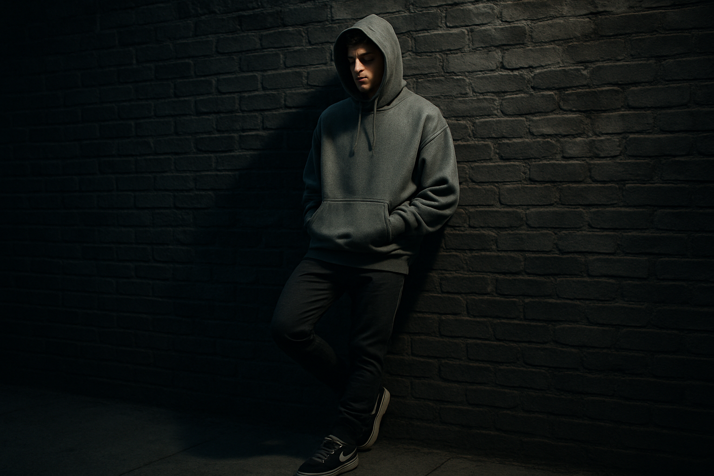 Young man in an oversized winter hoodie with jogger pants, leaning against a brick wall, moody winter streetwear vibe, cinematic lighting.