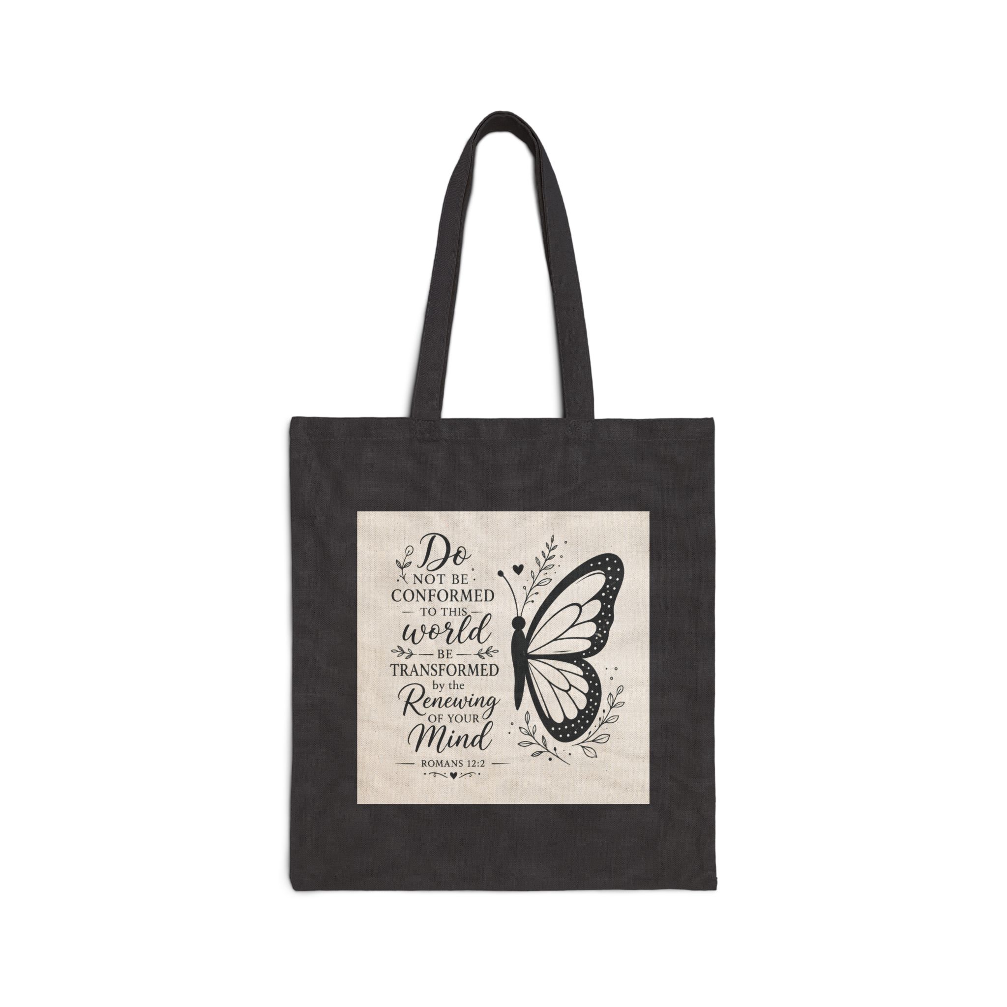 1464487895412691024_2048.jpeg Tote Bag — "Be Transformed" Butterfly Bible Verse Canvas Tote (Romans 12:2)