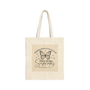 Canvas Tote Bag – "Pero tú las Superas" Inspirational Spanish Butterfly Tote (Proverbios 31:29)