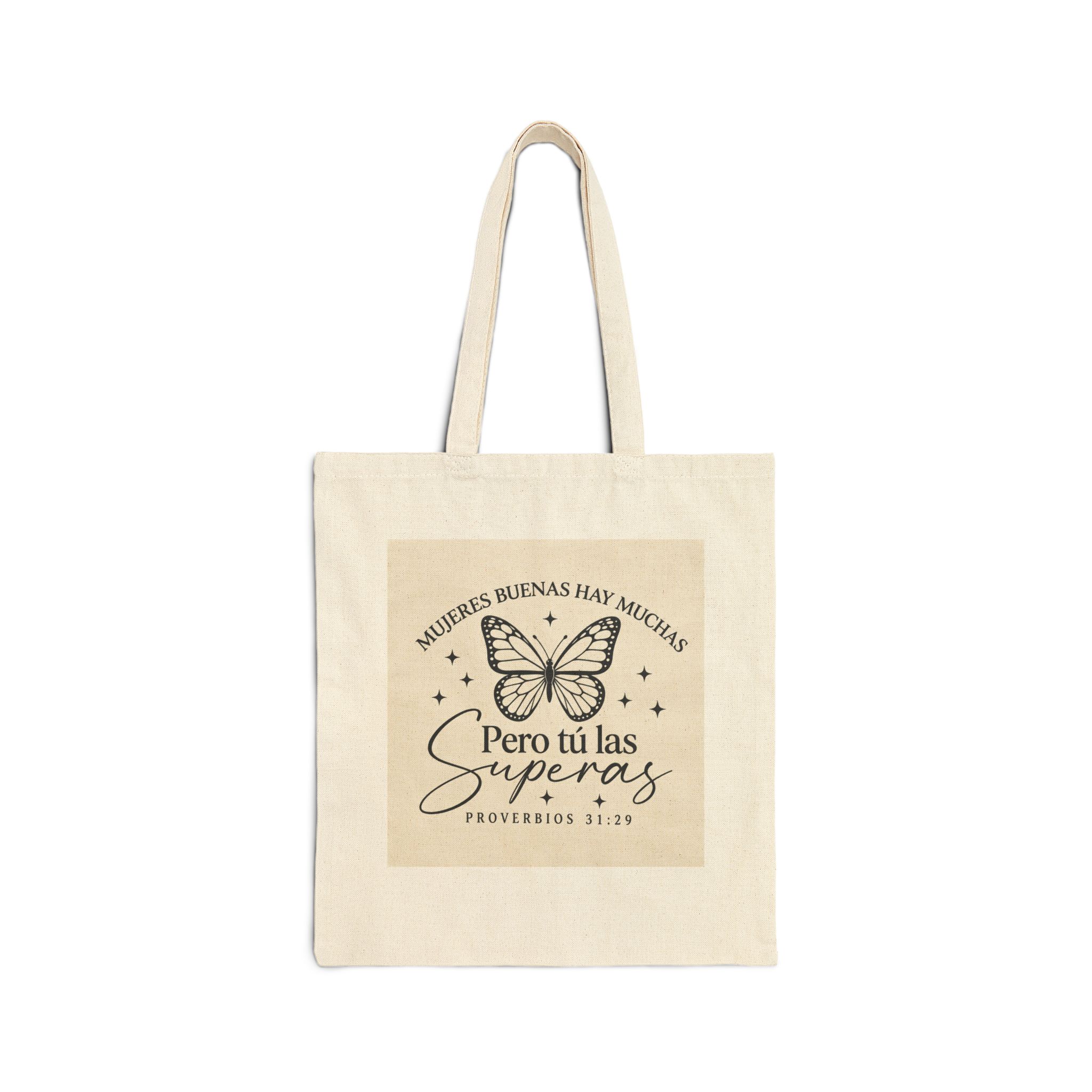 3560742104813464674_2048.jpeg Canvas Tote Bag – "Pero tú las Superas" Inspirational Spanish Butterfly Tote (Proverbios 31:29)