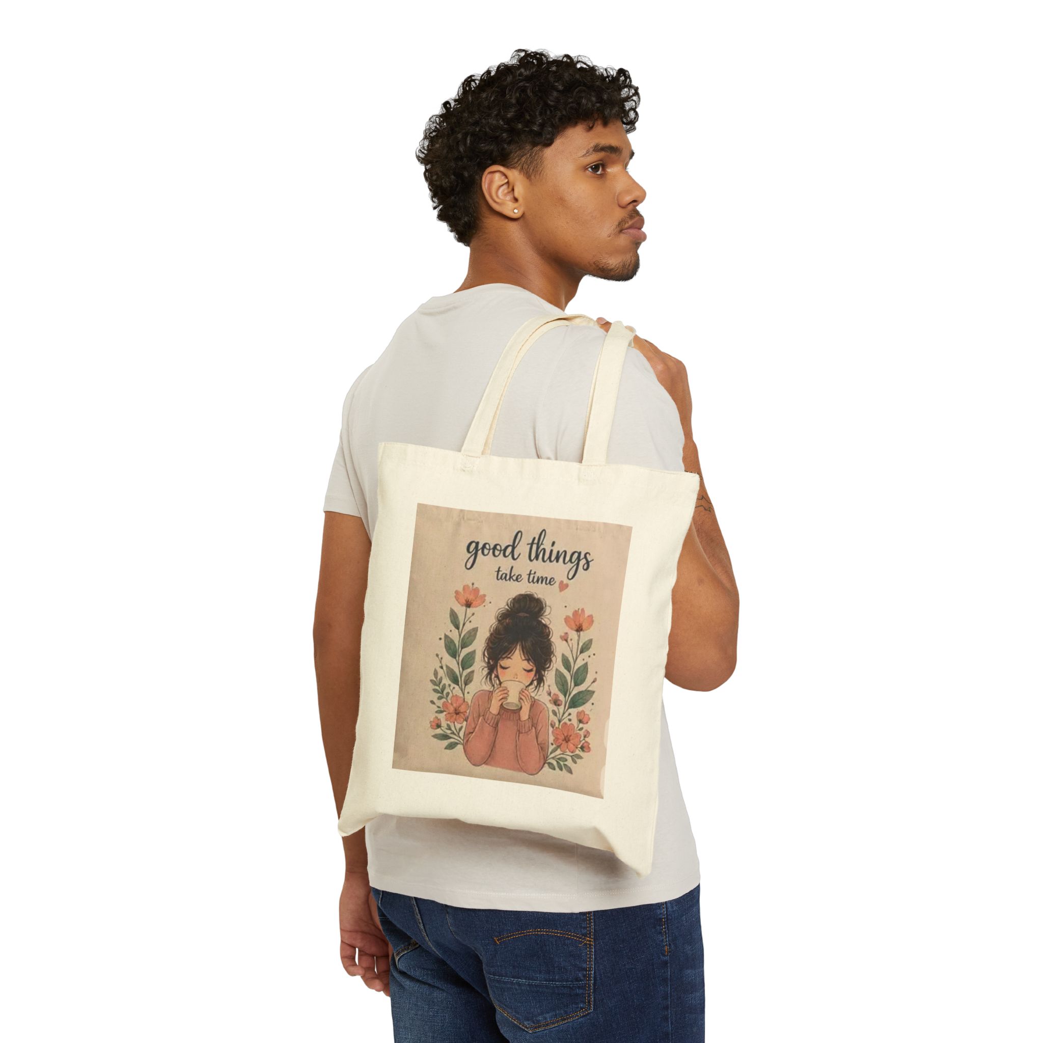 7231326783224038180_2048.jpeg Canvas Tote - "Good Things Take Time" Floral Girl Eco Market Bag - Image 3
