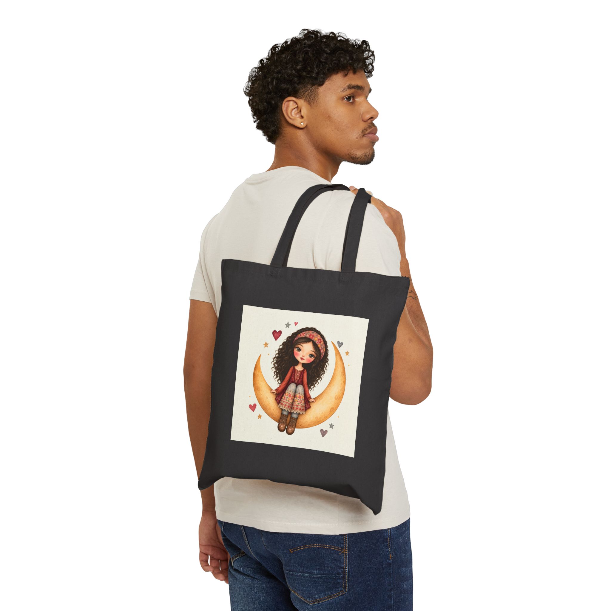 7298552445783793681_2048.jpeg Canvas Tote Bag — Whimsical Girl on Crescent Moon Illustration - Image 7