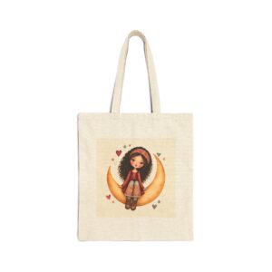 Canvas Tote Bag — Whimsical Girl on Crescent Moon Illustration