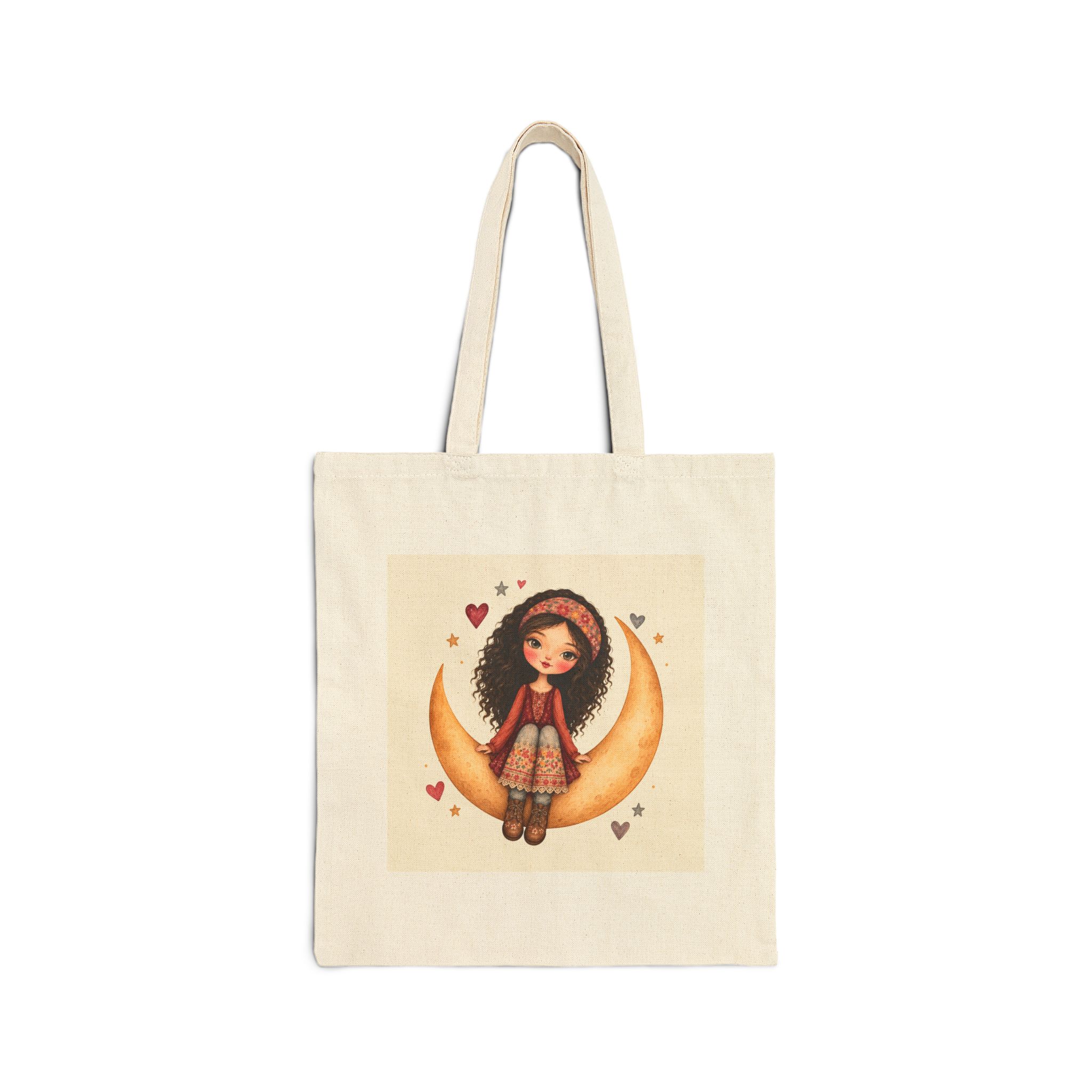 7302279267441783707_2048.jpeg Canvas Tote Bag — Whimsical Girl on Crescent Moon Illustration